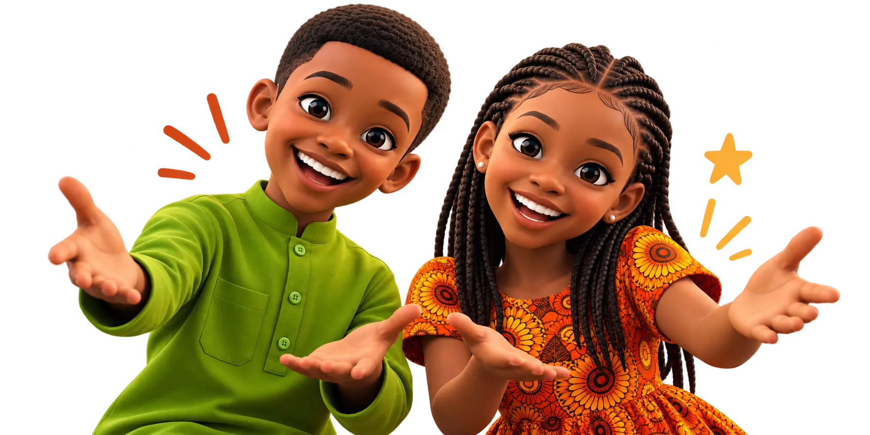 Two smiling Black children, a boy in a bright green shirt and a braided girl in an orange floral dress, reaching out in welcome.